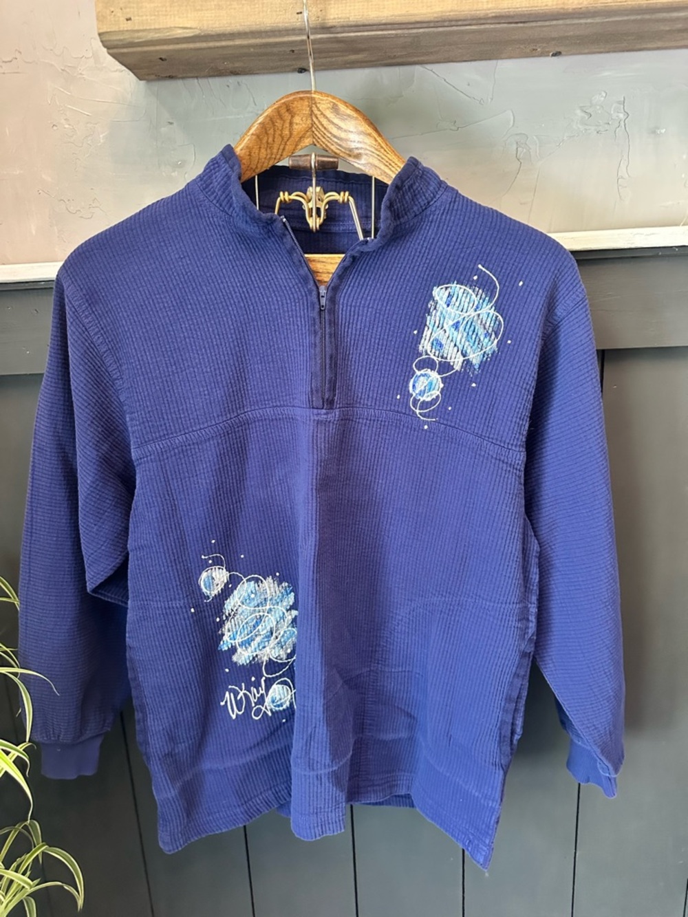 Ezze Wear Blue Quarter Zip Pullover Size Small 100% Cotton Artist Painted‎ Top